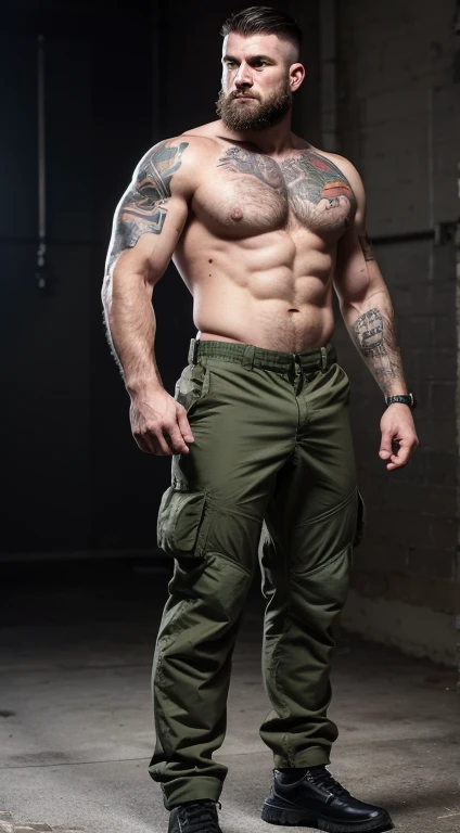 white man, recon marine ,30 years old, military haircut, black hair, intense green eyes fixed, intense gaze, affiliated features, no facial hair, height 1.93, weight 100 kg, muscular and athletic build, broad shoulders, V-shaped body, tattoo's, full body focus, completely hairless,