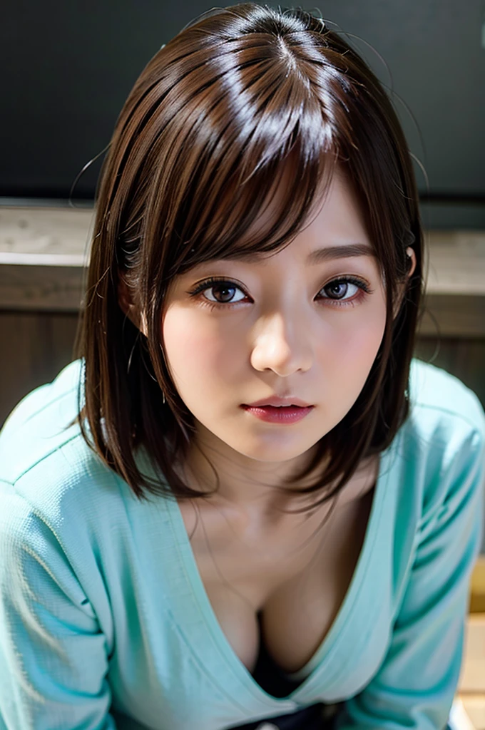 (8K、top-quality、masterpiece:1.2)、(reallistic、フォトreallistic:1.2)(ultra-detailliert、hight resolution)Mastepia, Best Quality, japanaese girl,1girl in, 8K, Raw photo, top-notch quality, Mastepia, nffsw:1.2, exceptionally detailed RAW color photo, professional-grade photograph, (Realistic, フォトreallisticです:1.37), (highly detailedskin:1.2), 超hight resolutionな, (lenz 50mm), Exquisitely Detailed Eyes,Staring at the viewer,Romper、With 1 girl (There are many elderly people:1.4), Beautiful face, kawaii,(Smile:1.05),(35 year old, wide-hips,Straight hair, (Short hair), Black eyes, white fine skin,small mouth, high cheekbones (Definition),Suits、top-quality:1.3), (Ultra detailed 8K cg:1.2), (ハイパーreallistic:1.35), (フォトreallisticです:1.45), (Realistic:1.4), Cowboy Shot,1 beautiful Japanese girl, 22 years old, super model, Japanese Idol, Suits、Large breasts, (sitting on the desk:1.1), (Female Teacher Figure:1.4), (The background is a school classroom with many students..:1.1、),