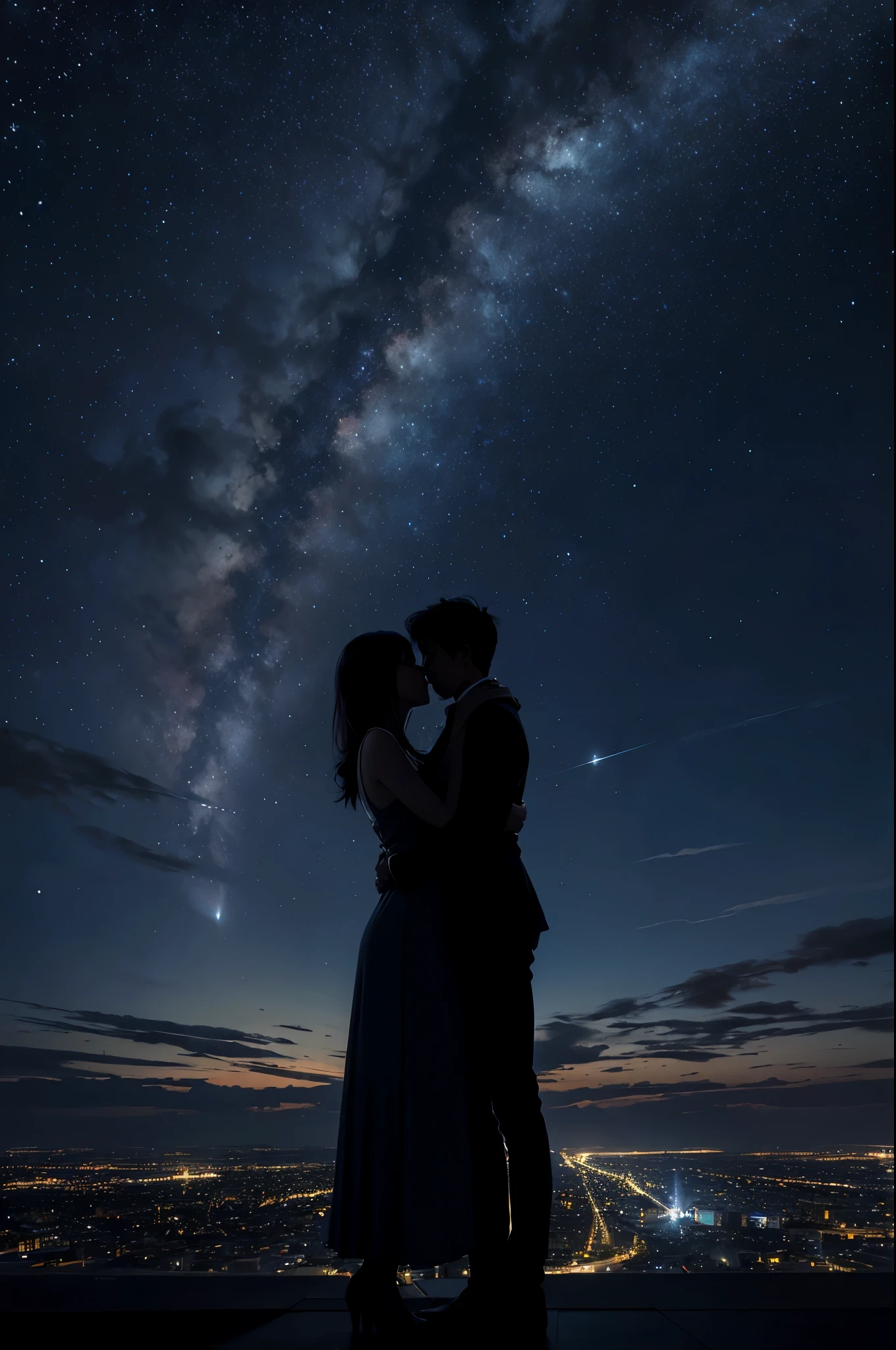 octans,Skysky,As estrelas(Skysky),scenecy,starrysky,the night,Male and female coupleoys hugging each other from behind,nigh sky,exterioruliding,clouds,galactic,sitted,The tree,城市,siluette,view over city