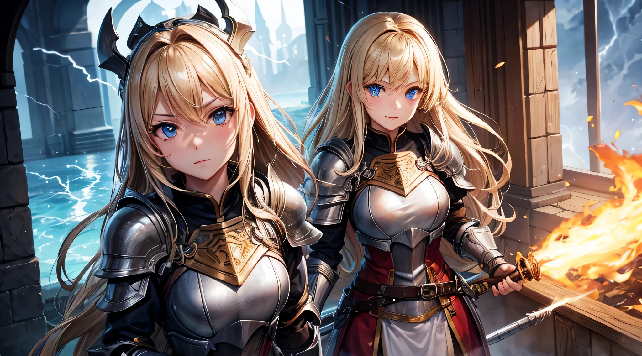 masutepiece,Best Quality,ultra-detailliert,1 female knight,upperbody shot,Fire Sword,Blonde hair,Long hair,Blue Eye,Straight hair,look at viewr,(thunderstorm:1,6),palatial palace
