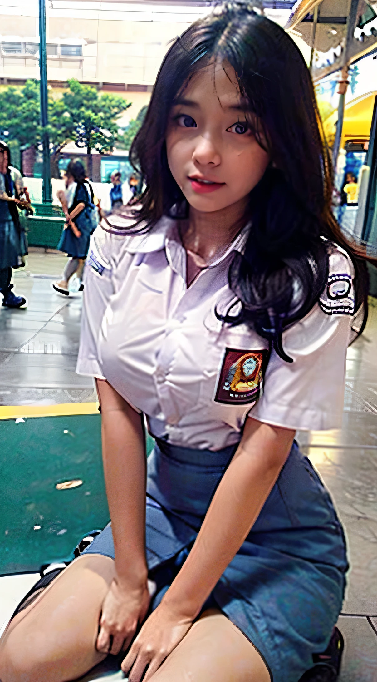 1 girl pretty, Beautiful, Amazing face and eyetremely detailed beautiful face), (sexiest look), (Beautiful big breasts:1.2), (School uniform, pleated miniskirt:1.2), (Best Quality:1.4), (Ultra-detailed), (extremely detailed CG unified 8k wallpaper), Highly detailed, RAW Photos, Professional Photography, (Crowded amusement park:1.3), benches, (roller coaster, ferris wheel), Sitting, (Spread your legs wide open), Scenery like a scene from a movie,