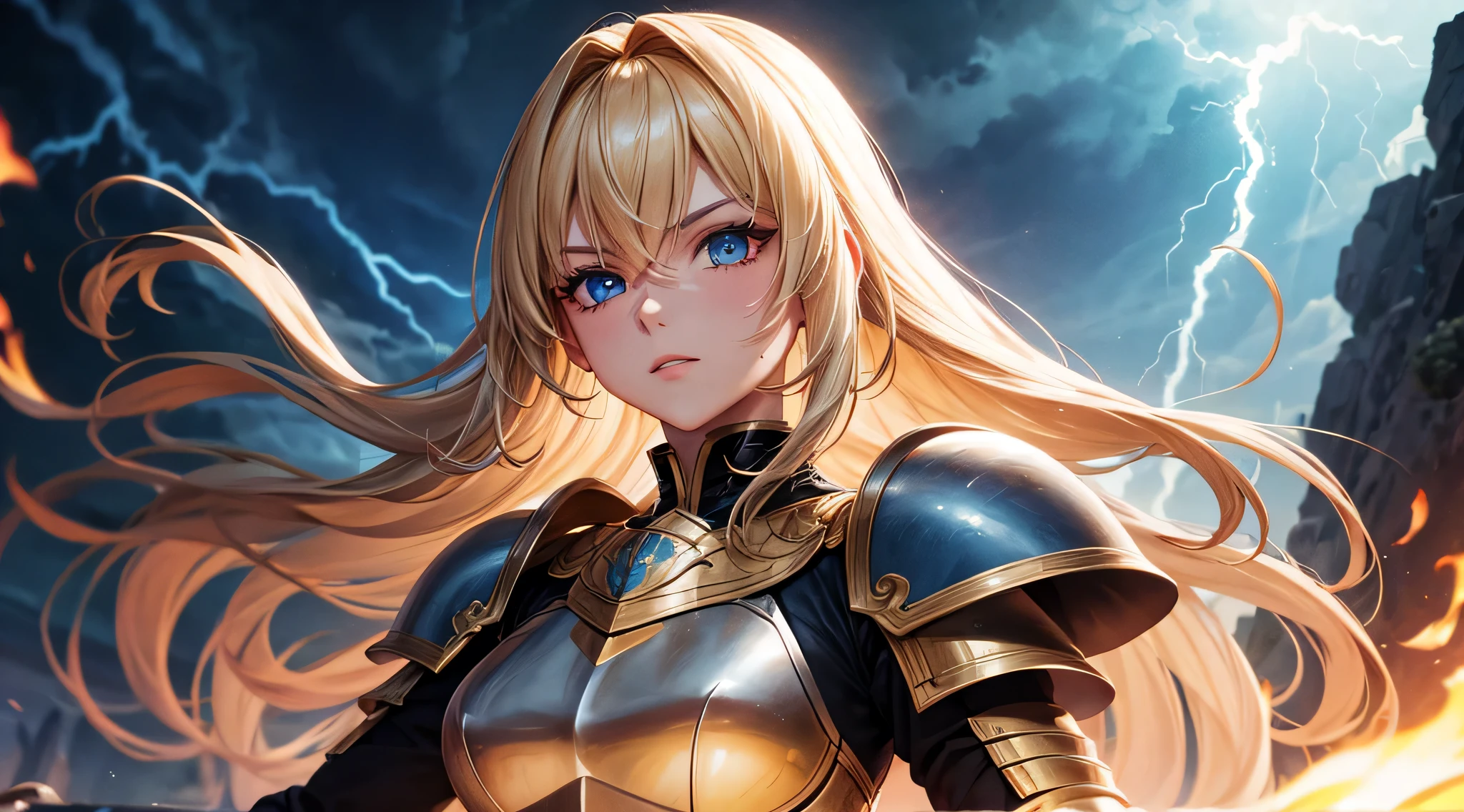 masutepiece,Best Quality,ultra-detailliert,1 female knight,upperbody shot,Fire Sword,Blonde hair,Long hair,Blue Eye,Straight hair,look at viewr,(thunderstorm:1,6),palatial palace