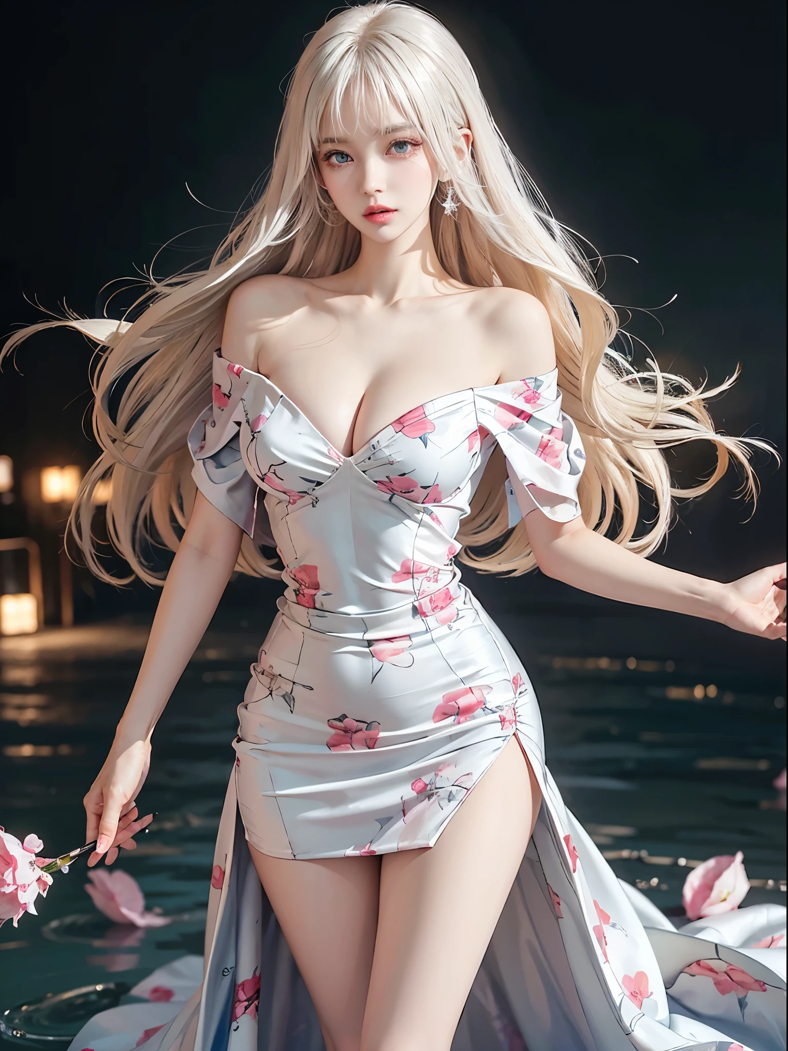 print dress,off shoulder,, Platinum blonde fine hair、Super long silky straight hair、Big eyes with bangs and eyeliner、Nordic youth、perfect body figure、A plump chest、cleavage、Very beautiful and lovely、White muscle、Glowing and radiant skin、Young and beautiful skin、Perfect and beautiful little face、Shiny makeup、Thin pink lip gloss expression、girl、lipsticks、Deceptive advertising、{Steaming}、Audience point of view、A perspective on lightokeh atmosphere during prime time、Detailed film light、Complicated details、A high resolution、 Detailed features of the facial design、high detal、Clear focus、Smoothness、aesthetics、print、Octane renderer、{{tmasterpiece}}