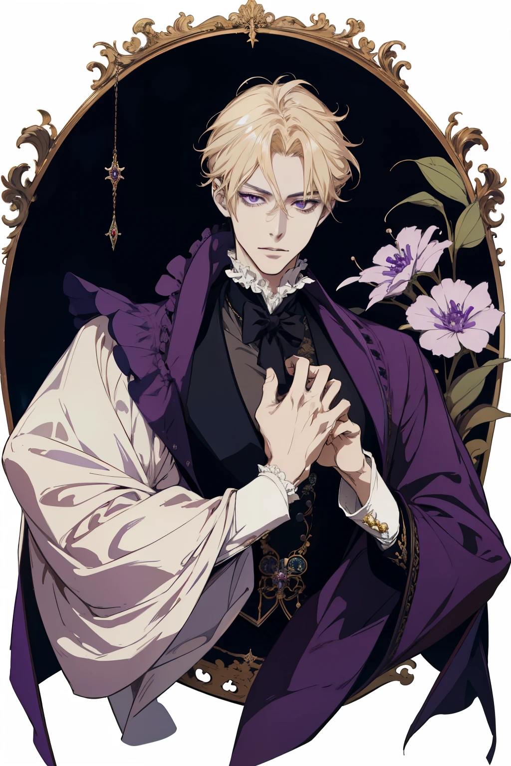 masterpiece, (absurdres:1.1), best quality, extremely delicate, Victorian era badass anime drawing of a man Regal Victorian era character masterpiece, (absurdres:1.1), best quality, extremely delicate, Victorian era badass anime drawing of a man Regal Victorian era inspired a close up character portrait, [ character design ], demon slayer rui fanart, [[[[grinning evily]]]] natural blonde hair Victorian era inspiration Victorian era badass anime drawing of a man Regal Victorian era inspired a close up of a man in a purple robe and a purple cape, casimir art, beautiful androgynous prince, portrait of fin wildcloak, fantasy male portrait, delicate androgynous prince, fantasy characture portrait, renaissance prince, picture of a male cleric, handsome prince, inspired in kris from deltarrune, male vampire of clan banu haqim