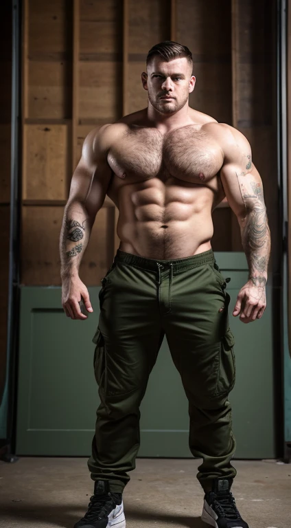 white man, sniper ,30 years old, military haircut, black hair, intense green eyes fixed, intense gaze, affiliated features, no facial hair, height 1.93, weight 100 kg, muscular and athletic build, broad shoulders, V-shaped body, tattoo's, full body focus, completely hairless,