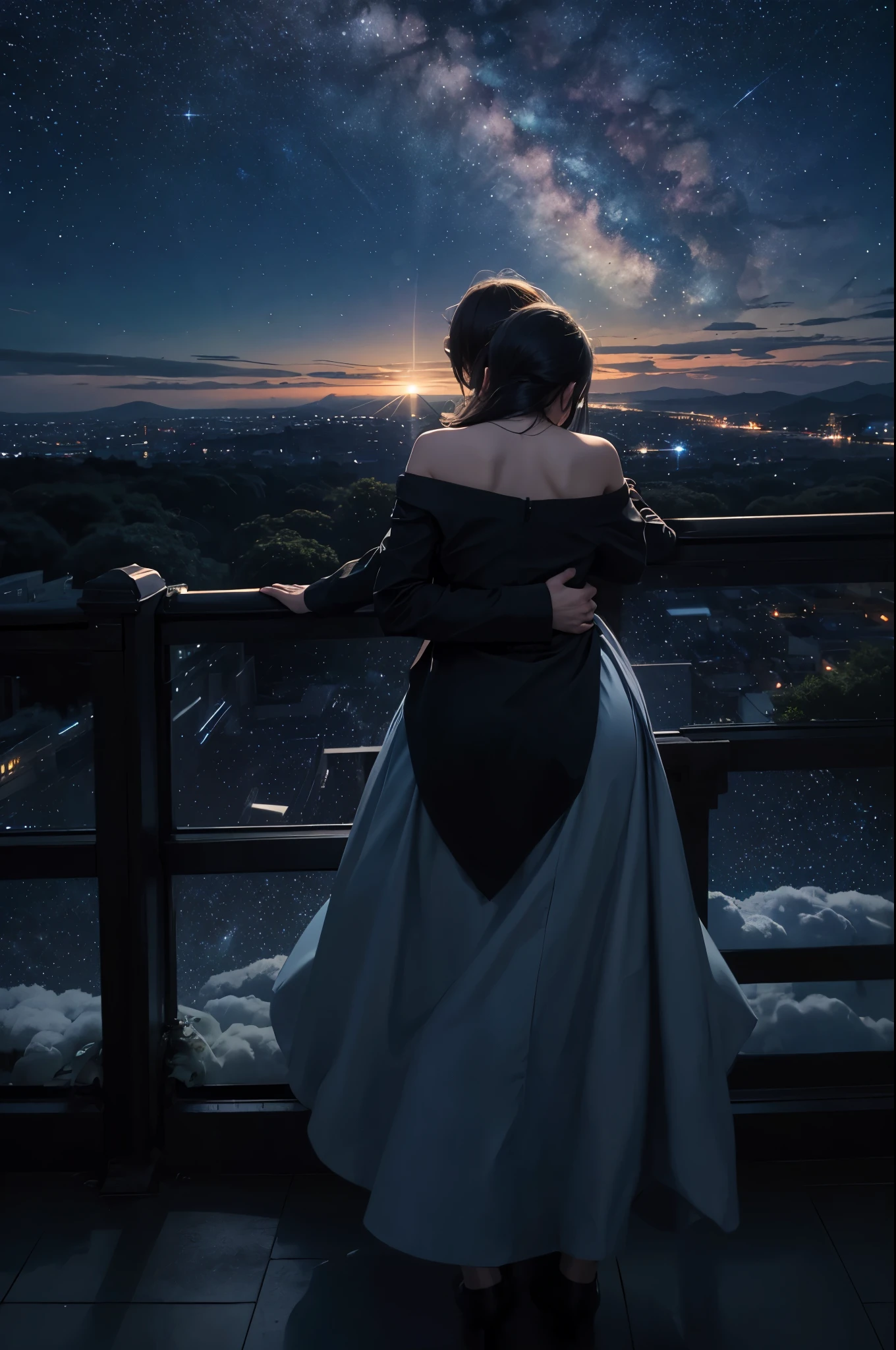 octans，Skysky，As estrelas（Skysky），scenecy，starrysky，the night，Male and female coupleoys hugging each other from behind，nigh sky，exterioruliding，​​clouds，galactic，sitted，The tree，城市，siluette，view over city