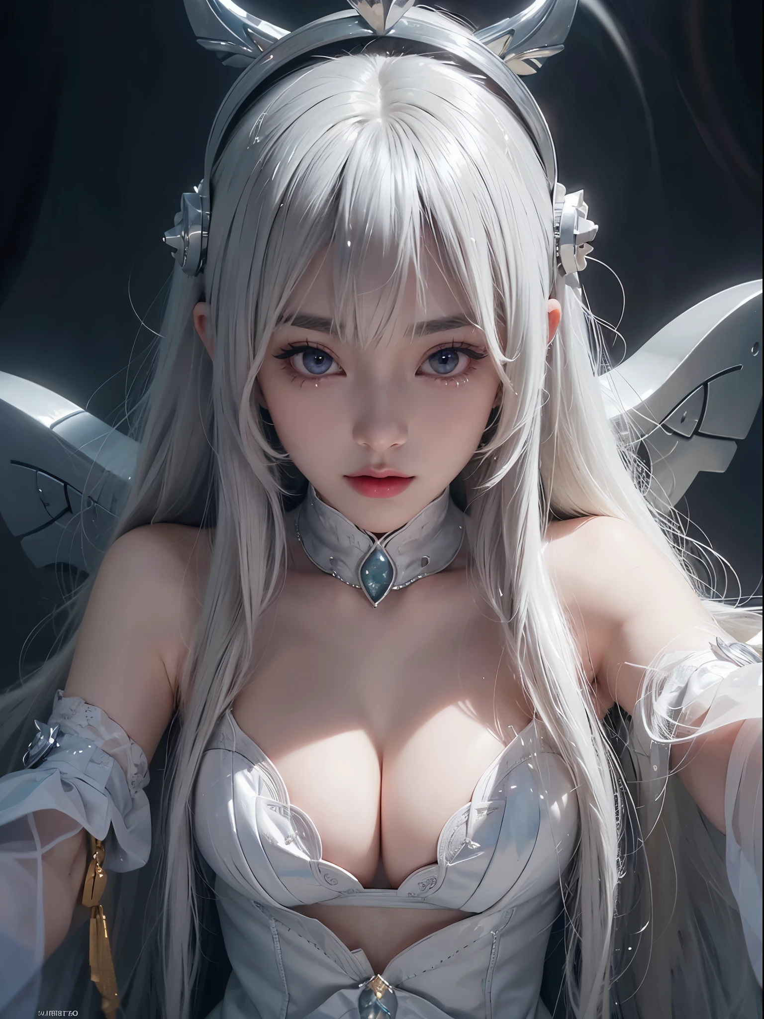 a cute but evil looking female white bunny, detailed bunny face, piercing eyes, sharp fangs, fluffy white fur, mischievous expression, detailed intricate patterns, fantasy, dark fantasy, digital art, highly detailed, 8k, photorealistic, cinematic lighting, dramatic shadows, moody atmosphere