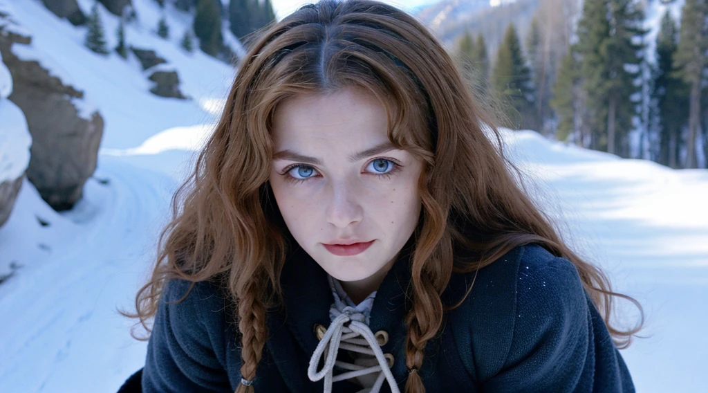 Pretty woman, similar to Amouranth,cute,huge natural breasts, red hair curly/flowing, detailed dark BLUE eyes and face, not to skinny, naughty smile, make it ultra-realistic, western european girl, in the snow in the mountains, clothing colour needs to be anything but green, extremely detailed blue eyes, extremely long wavy red hair, extremely long hair, extremely detailed blue eyes, detailed round glasses, wearing a wrath