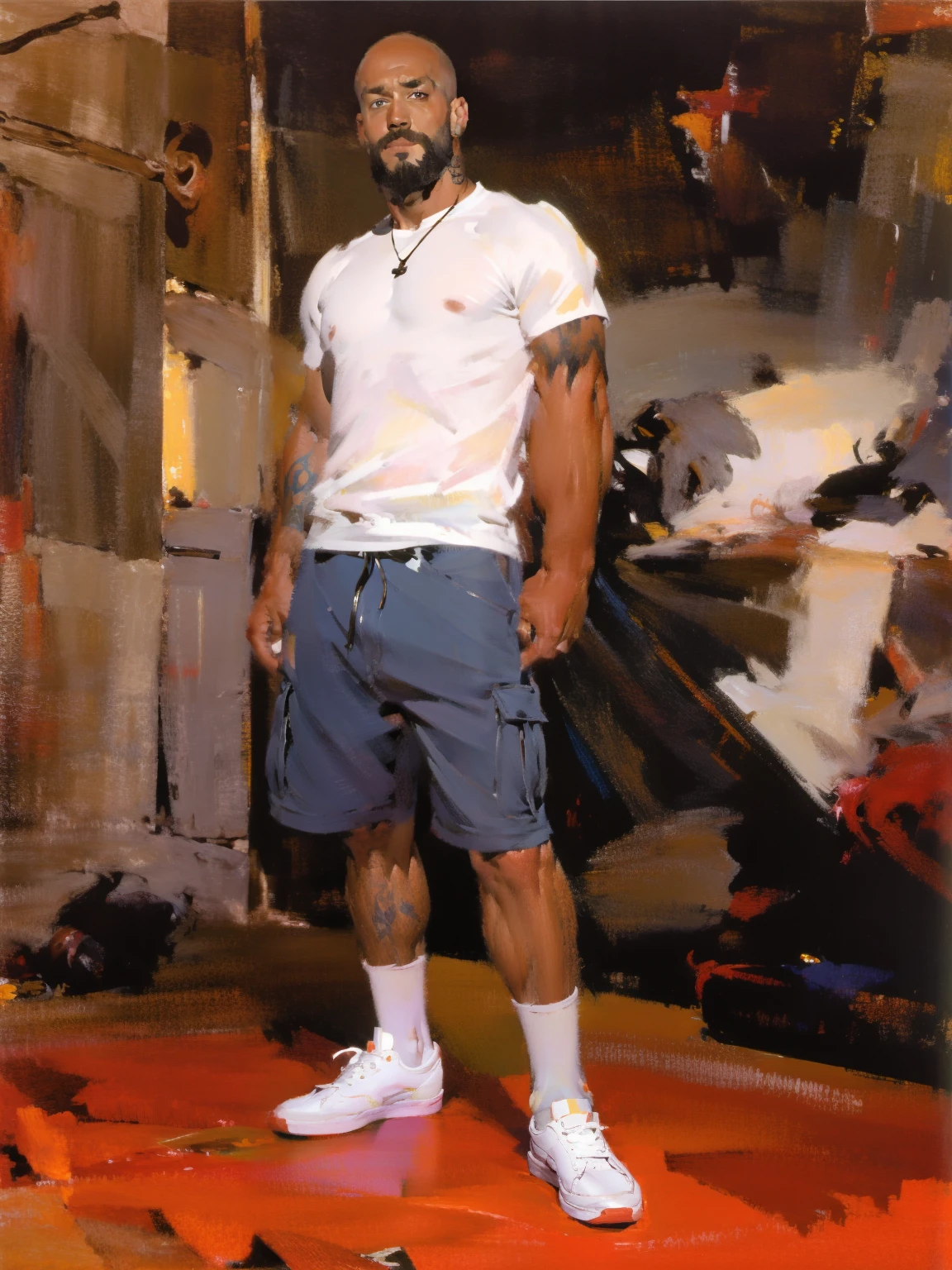 skater dad, y2k fashion, tattoos, beard, bald, earrings, piercings, multiple piercings, silver rings, dilf, white socks, robust clothing, vans sneakers, cargo shorts, white male, gentle handsome face, high quality standing, dark clothes, art studio,