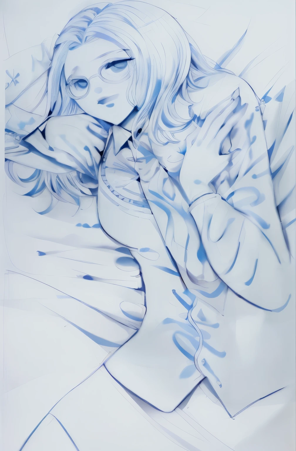 drawing of a woman in a blue dress laying in bed, colored sketch anime manga panel, shintaro kago, inspired by amano, colored manga panel, pencil and ink manga, colored screentone, pencil and ink manga drawing, manga painting, colored manga art, colored manga, inspired by Harumi Hironaka, coloured manga scan