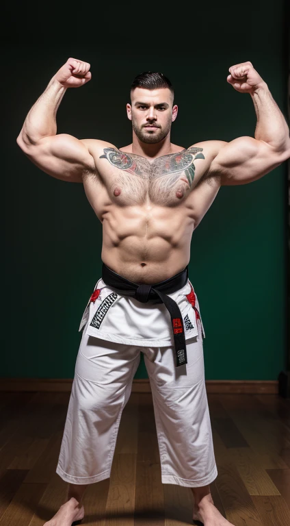 white man karate black belt ,30 years old, military haircut, black hair, intense green eyes fixed, intense gaze, affiliated features, no facial hair, height 1.93, weight 100 kg, muscular and athletic build, broad shoulders, V-shaped body, tattoo's, full body focus, completely hairless,