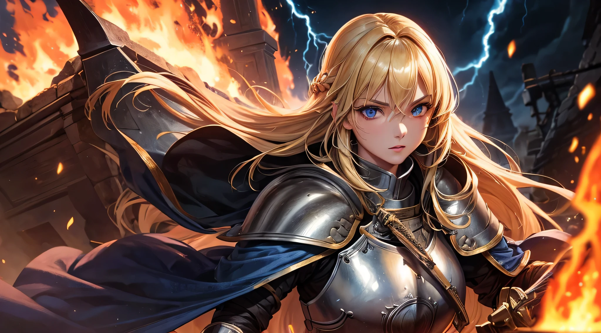 masutepiece,Best Quality,ultra-detailliert,1 female knight,upperbody shot,The fire sword,Blonde hair,Long hair,Blue Eye,Straight hair,look at viewr,(thunderstorm:1,6),Dark Souls,(fire:1.4)