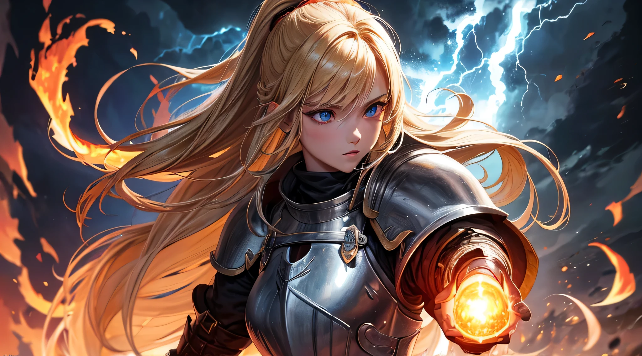 masutepiece,Best Quality,ultra-detailliert,1 female knight,upperbody shot,The fire sword,Blonde hair,Long hair,Blue Eye,Straight hair,look at viewr,(thunderstorm:1,6),Dark Souls,(fire:1.4)