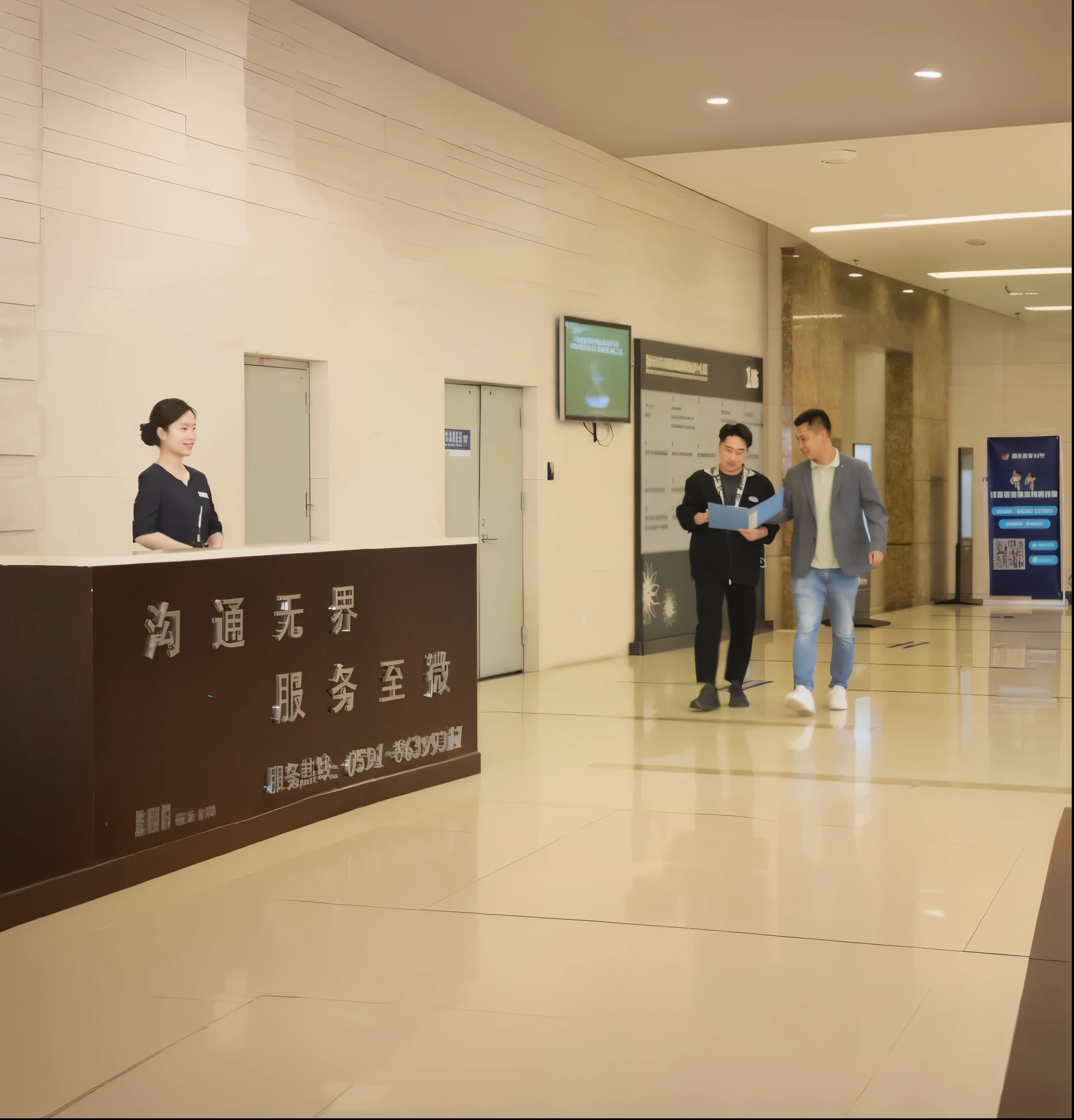 People walking in building lobby with sign, jinyiwei, li zixin, Showroom scene, yiqiang and shurakrgt, ruan jia and fenghua zhong, high-tech environment, zezhou chen, looking partly to the left, qiangshu, zhuoxin ye, mingchen shen, wei wang