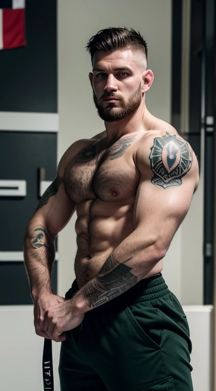 white man MMA fighter ,30 years old, military haircut, black hair, intense green eyes fixed, intense gaze, affiliated features, no facial hair, height 1.93, weight 100 kg, muscular and athletic build, broad shoulders, V-shaped body, tattoo's, full body focus, completely hairless,