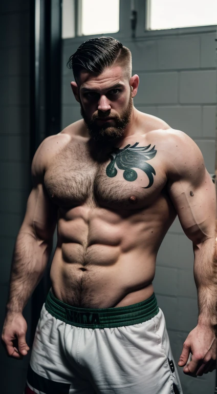 white man MMA fighter ,30 years old, military haircut, black hair, intense green eyes fixed, intense gaze, affiliated features, no facial hair, height 1.93, weight 100 kg, muscular and athletic build, broad shoulders, V-shaped body, tattoo's, full body focus, completely hairless,