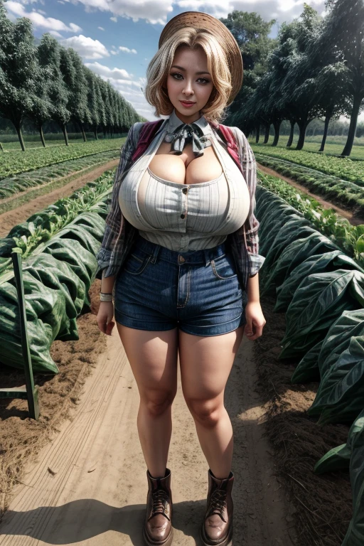 beautiful busty with vegetable in Farm Life, gigantic breasts,, giga_busty,Clothing in the short pants style, full body shot