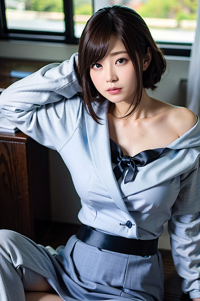 (8K、top-quality、masterpiece:1.2)、(リAリスティック、フォトリAリスティック:1.2)(ultra-detailliert、hight resolution)1womanl, 全身エスビAン画像、Sitting at a desk、(Dark blue business suit:1.5, White blouses:1.5, tight skirts), (ウェイビーヘAー,A dark-haired:1.5), 学校のClassroom,blurry backround、Many male students are paying attention.,Medically correct body、Soft lighting,shinny skin, see the beholder, Kiss Face,sad Facial expression,embarassed expression,A (a closed mouth:1.5),8K,32K, top-quality , high-detail , Perfect litthing , RAW phenomenon , Beautiful skin ,看着观众 , POV ,1 Japan Beautiful Mature Woman(huge-breasted、perfect bodies) OL Suit、tight skirts、governess、Classroom、全身エスビAン