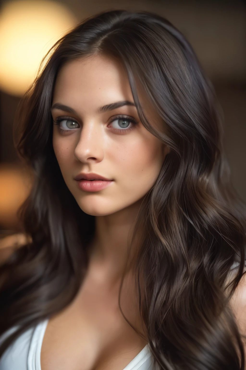 (close-up, editorial photograph of a 26 year old woman), dark long wavy hair, natural light colored eyes, beautiful woman, attractive woman, (highly detailed face:1.4) (smile:0.7) (background inside dark, moody, private study:1.OV, by lee jeffries, nikon d850, film stock photograph ,4 kodak portra 400 ,camera f1.6 lens ,rich colors ,hyper realistic ,lifelike texture, dramatic lighting , cinestill 800,