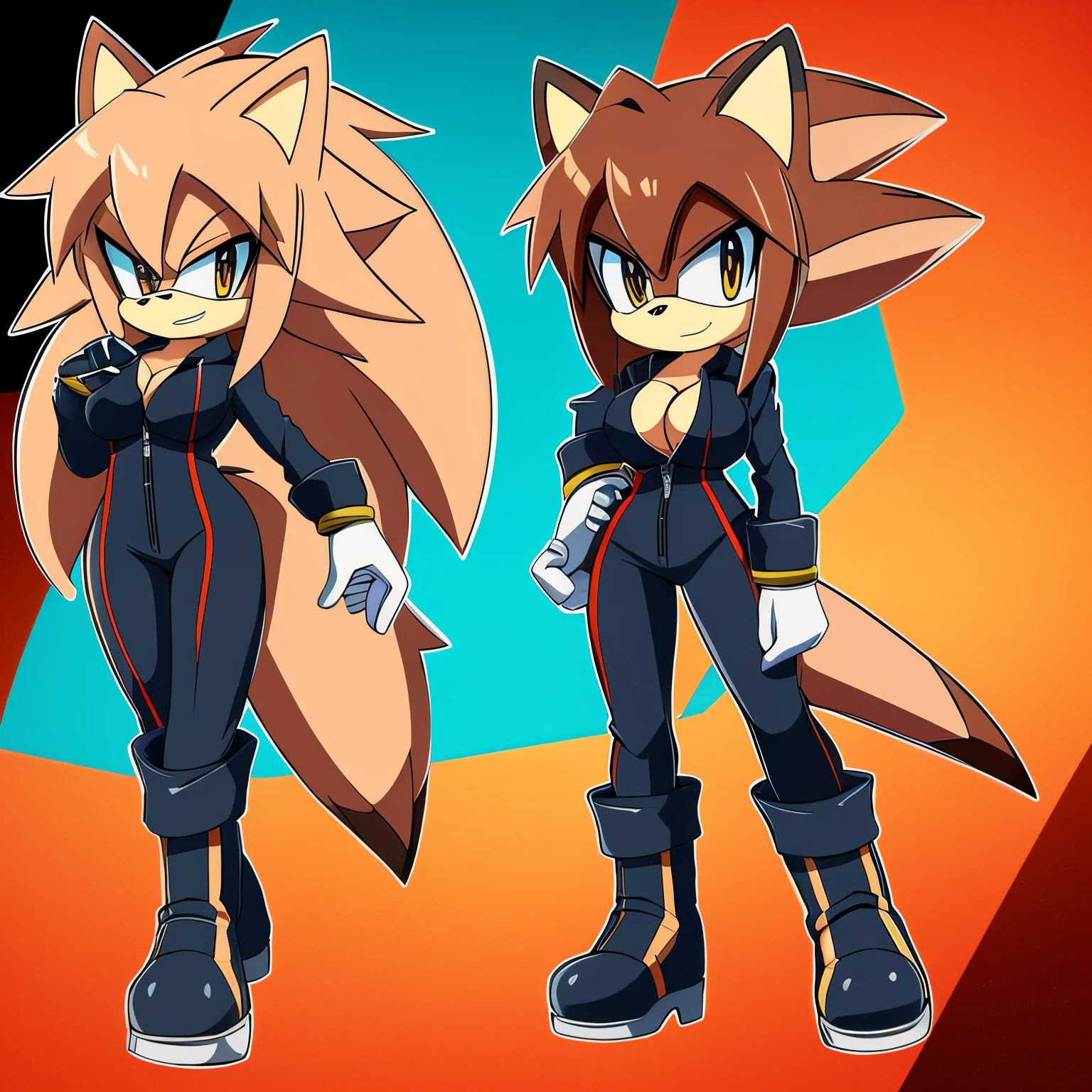 Female, Mobian, Porcupine, jumpsuit up to chest, average sized breasts, boots, gloves, (((2D Anime Style)))