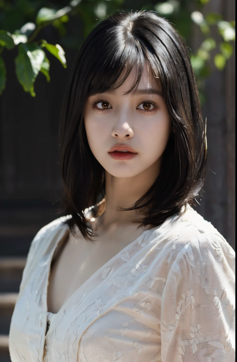 (Masterpiece, Best quality, Beautiful quality, Photorealistic, Detailed lighting, Extremely detailed skin, Extremely detailed hair, Shadows, 8K, photograph of a woman, Black hair, Upper body, 1girll, fcPortrait:1.2), (20 years younger:1.4),