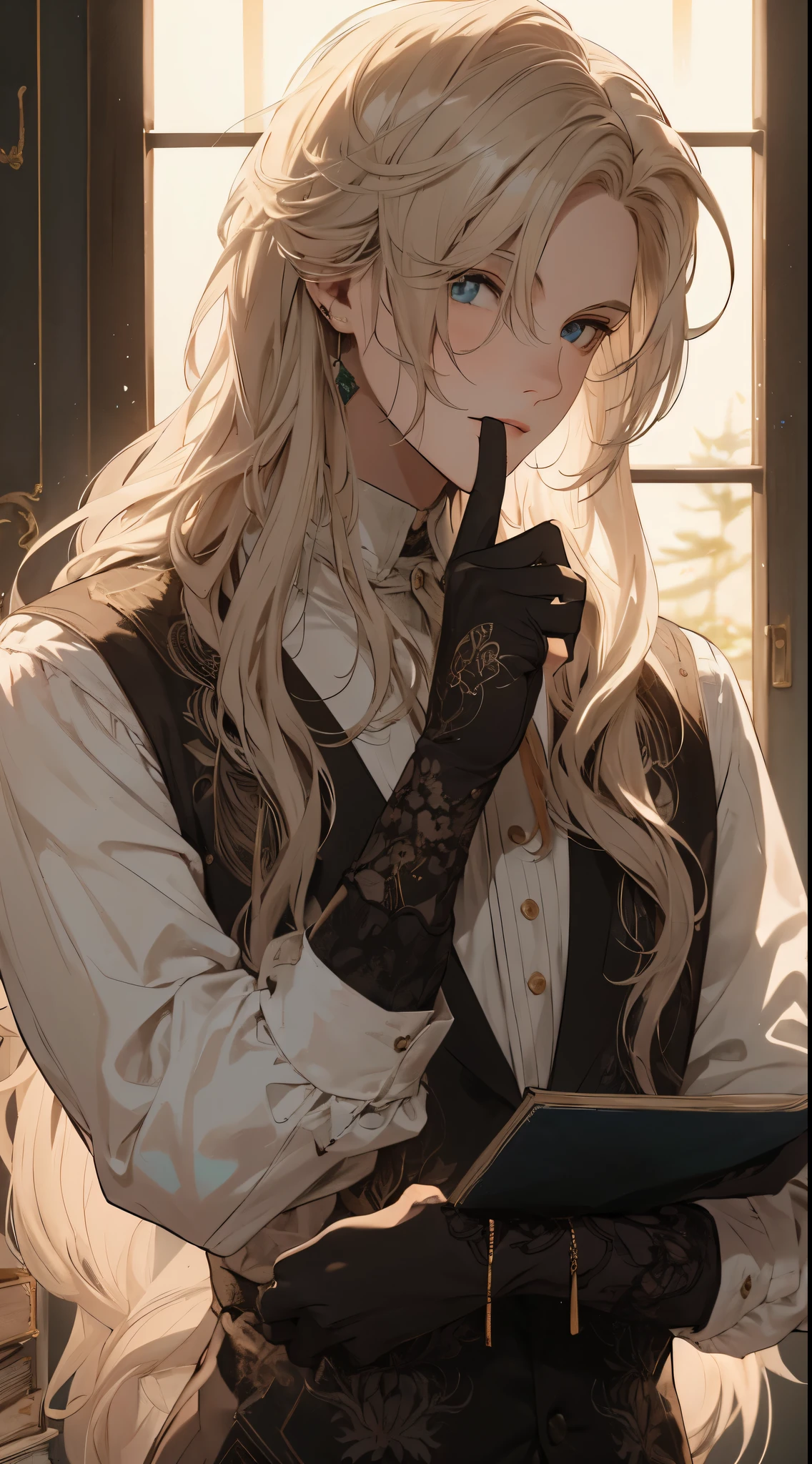 Men with feminine features, Long straight blonde hair, Sharp blue eyes and a calm and intelligent expression, finger to lips gesture to indicate silence, have a decorative old book, Sleek white and brown designed outfit with multiple buttons and gold accessories, Accented with black ribbon, Turquoise hair streaks down my back, Softly lit window and blurred Christmas tree background, warm indoor atmosphere.High quality, amount of drawing, pixiv illustration