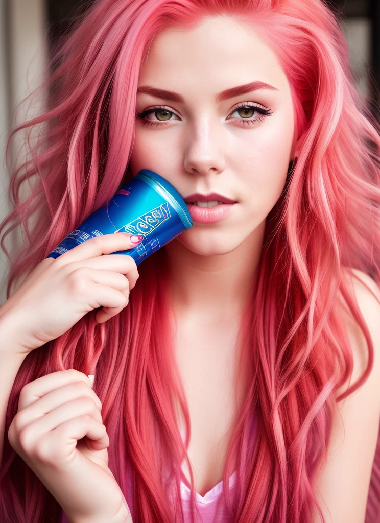 streaks of pink hair; locks of red hair. Can of soda in mouth, drinking soda. steals more openly.