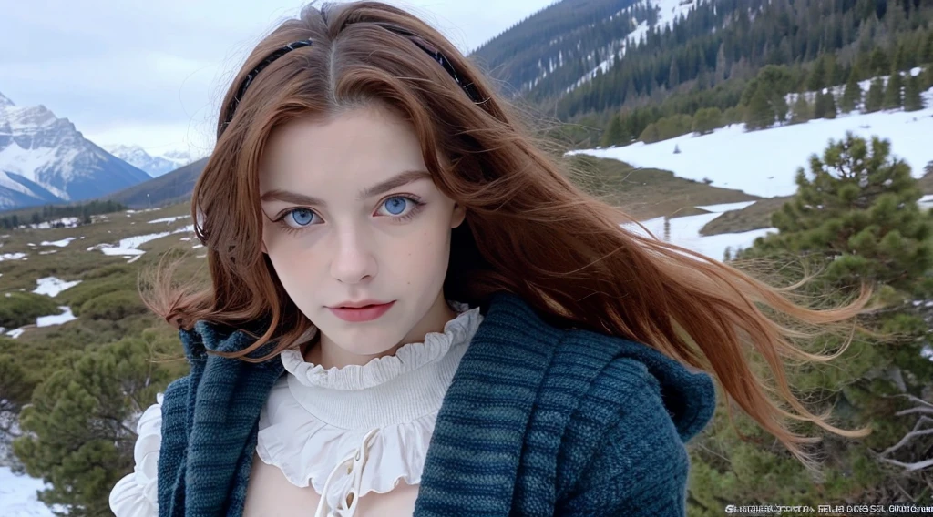 Pretty woman, similar to Amouranth,cute,huge natural breasts, red hair curly/flowing, detailed dark BLUE eyes and face, not to skinny, naughty smile, make it ultra-realistic, western european girl, in the snow in the mountains, clothing colour needs to be anything but green, extremely detailed blue eyes, extremely long wavy red hair, extremely long hair, extremely detailed blue eyes, detailed round glasses, wearing a wrath