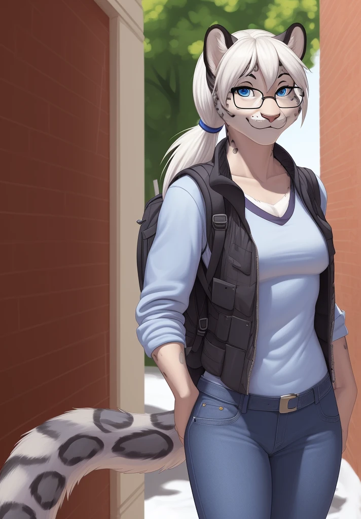 by meesh, (best quality, masterpiece:1), solo, anthro, furry, female, ((Snow Leopard)), blue eyes, white hair, grey fur, long hair, ponytail, portrait, fingers, finger claws, looking at viewer, snow leopard tail, ((large tuft of hair on the chest)), ((denim jeans)), ((jacket)), ((shirt)), ((fully clothed)), ((medium breasts)), ((tactical vest)), ((backpack)), ((nerd)), glasses, braces, smiling, ((1woman)), ((posing for photo)) ((slim female))