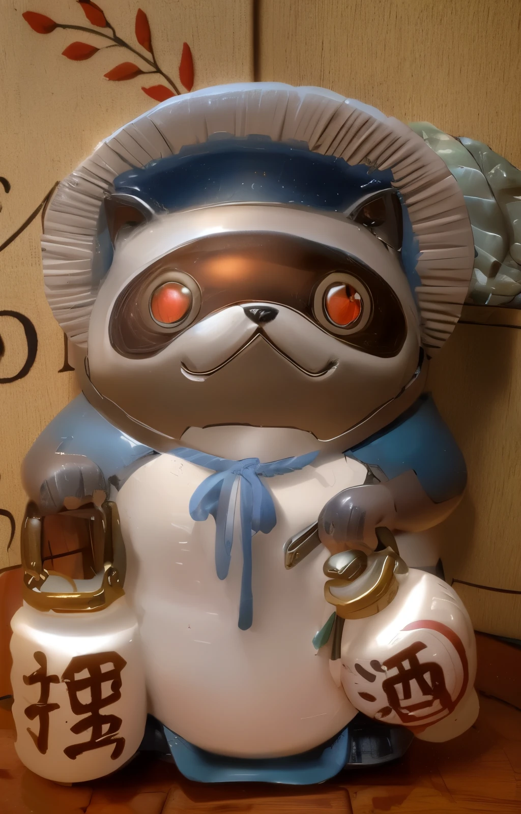 there is a figurine of a cat holding a lantern, neko, teemo, samurai cat, shui mo hua, sofubi, gojo satoru, inspired by Miao Fu, teemo from league of legends, full body close-up shot, japanese mascot, 240p, shiba figurine, けもの, “totoro