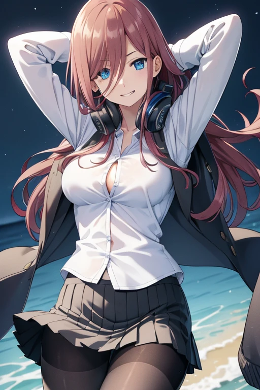 miku nakano, miku nakano chicke iii, long hair, bangs, blue eyes, brown hair, hair between eyes, headphones, headphones around neck,
BREAK skirt, shirt, long sleeves, white shirt, pantyhose, pleated skirt, black pantyhose, cardigan, green skirt, blue cardigan,
BREAK cowboy shot, cleavages, seductive smile, forest, night sky, arms behind head, cowboy shot, spread armpits, midriff, contrapposto,
BREAK looking at viewer, (cowboy shot:1.5), (upper body:1.5),
BREAK (masterpiece:1.2), best quality, high resolution, unity 8k wallpaper, (illustration:0.8), (beautiful detailed eyes:1.6), extremely detailed face, perfect lighting, extremely detailed CG, (perfect hands, perfect anatomy),