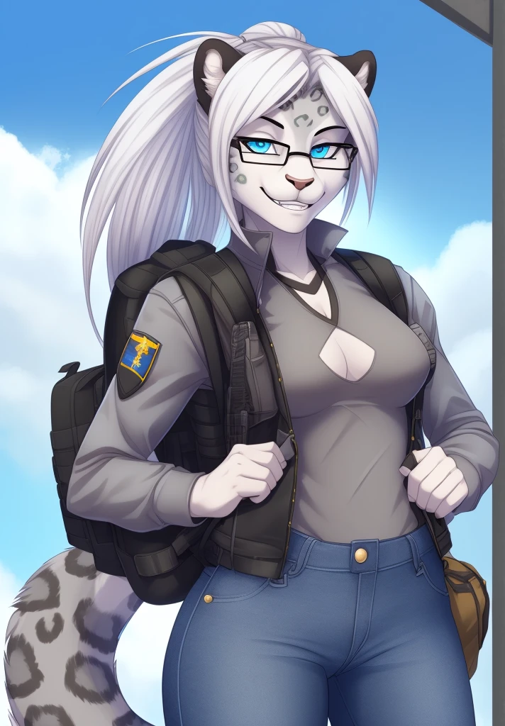 by wolfy-nail, (best quality, masterpiece:1), solo, anthro, furry, female, ((Snow Leopard)), blue eyes, white hair, grey fur, long hair, ponytail, portrait, fingers, finger claws, looking at viewer, snow leopard tail, ((large tuft of hair on the chest)), ((denim jeans)), ((jacket)), ((shirt)), ((fully clothed)), ((medium breasts)), ((tactical vest)), ((backpack)), ((nerd)), glasses, braces, smiling, ((1woman)), ((posing for photo)) ((slim female))