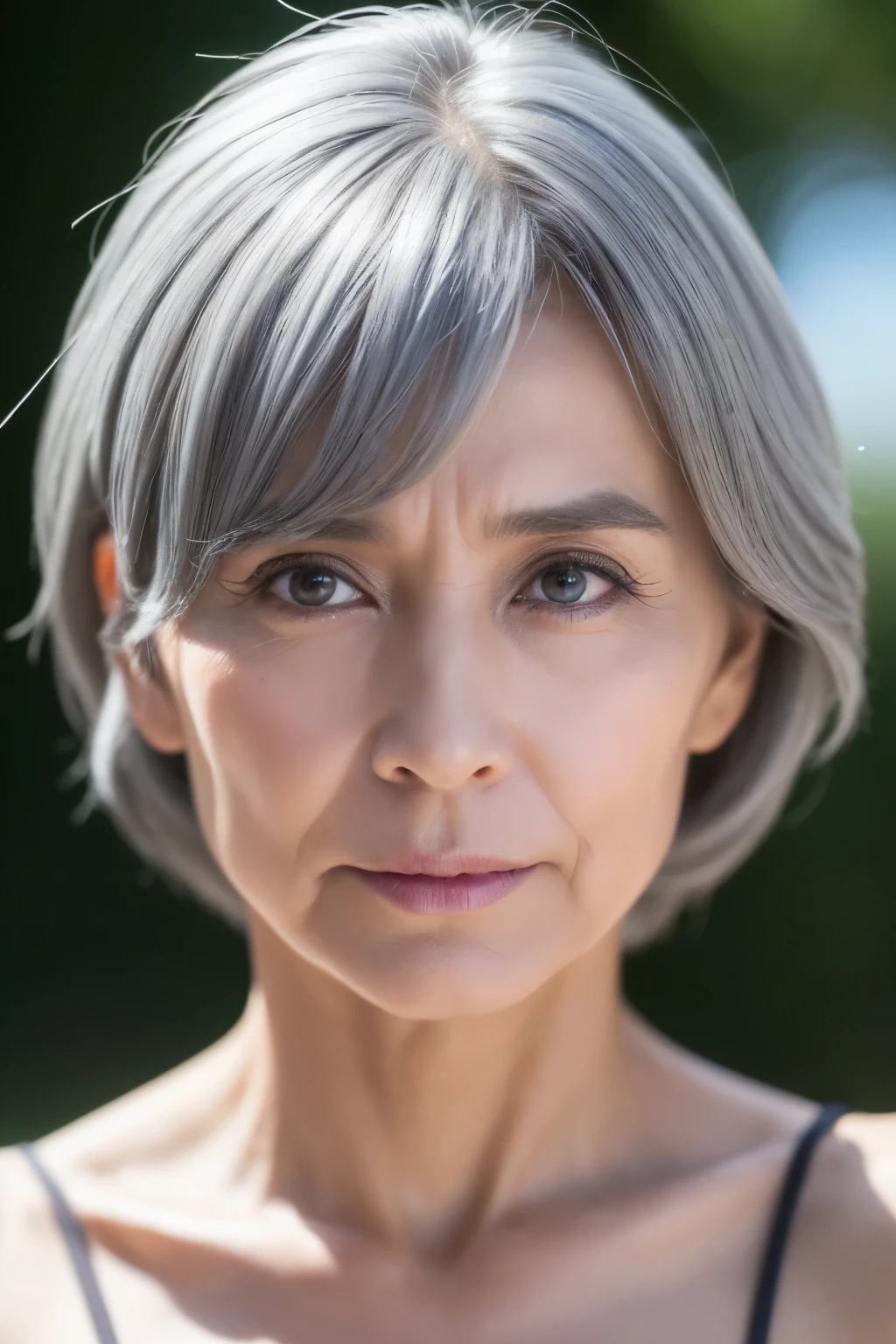(femele),(50yearsold),((Luzes Realistas,,Best quality, 8K, tmasterpiece:1.3)), (((Gray hair))),(((with wrinkles on his face,Wrinkles have obvious details))),(((黑The eye,Hilariously))),(((Leakage out of the navel,There are abs))),lock focus:1.0, perfect body figure,sport,The face is delicate,(无袖sport背心),natta,Ultra-fine face,Big eyes,二重まぶた