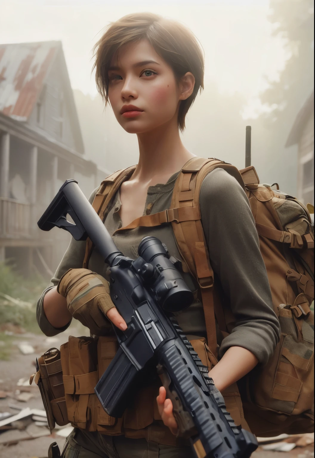 Photorealsitic、realistic skin textures、automatic rifle