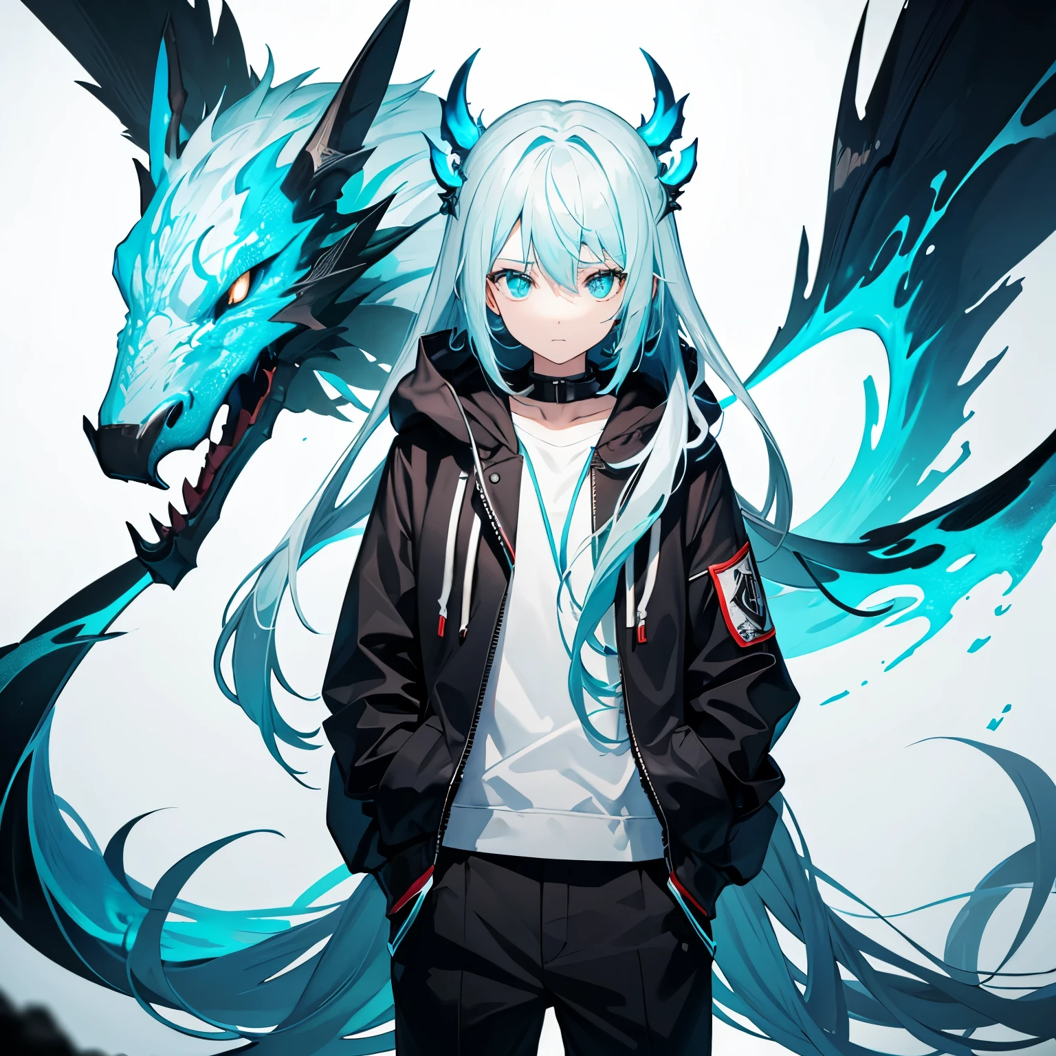 Cyan fire dragon on the back,1white haired girl,solo,cyan eyes, emotionless,cyan and black hoodie,hands in pockets,cyan fire surrounding her,best quality