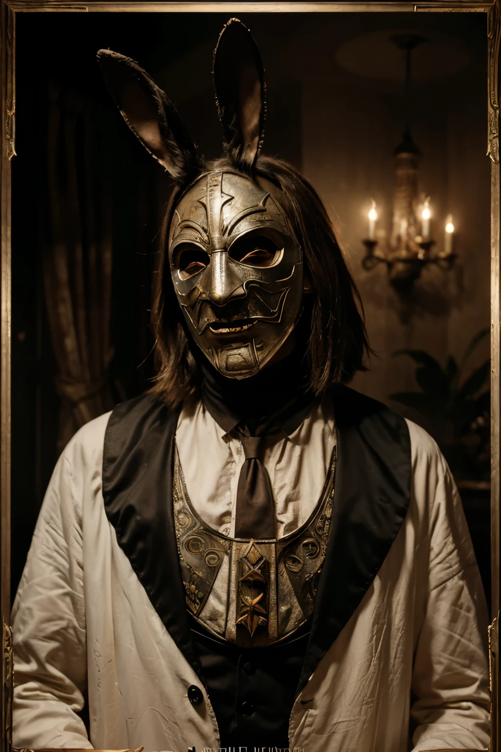 ( masterpiece, best quality ), wallpaper 8K, highly detailed, poster, Faust 1926, artistic frame, Germanic folklore, German expressionist, horror thriller cinematic movie poster about horror masked killers, the mask needs to have a horror bunny appearance