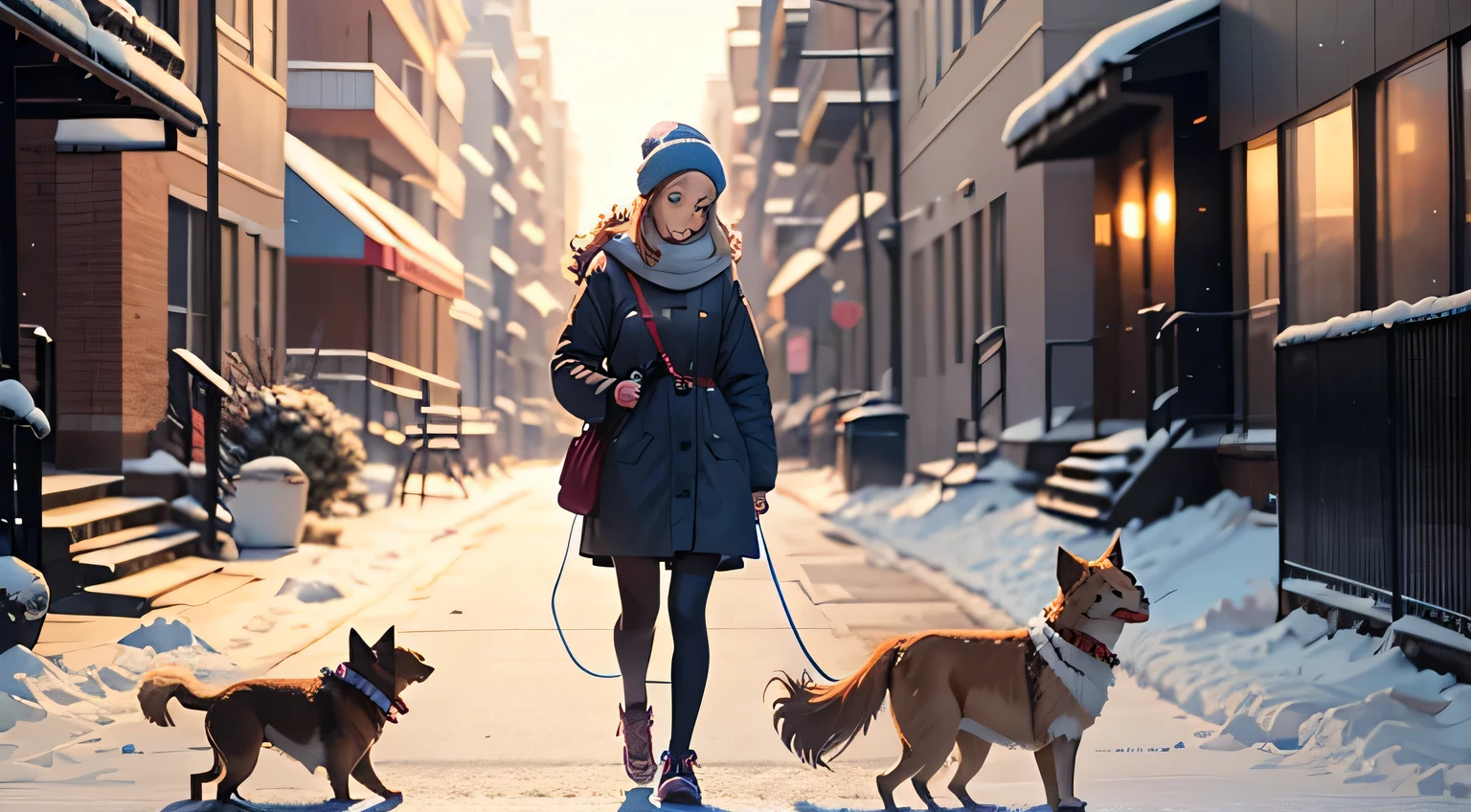 Anime girl listening to music while walking her dog on the winter street