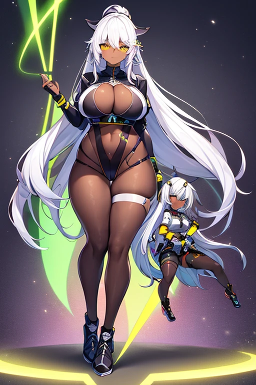 2girls, dark-skinned females, dark-skinned female, female, dark skin, large breasts, breasts, wide hips, white hair, long hair, yellow eyes, futuristic, science-fiction, tech, pantyhose, short sleeves, sleeves, shirt, black pantyhose, bodysuit, black bodysuit, white trim, smile, smirk, smug, full body, ((full body)), neon, neon trim