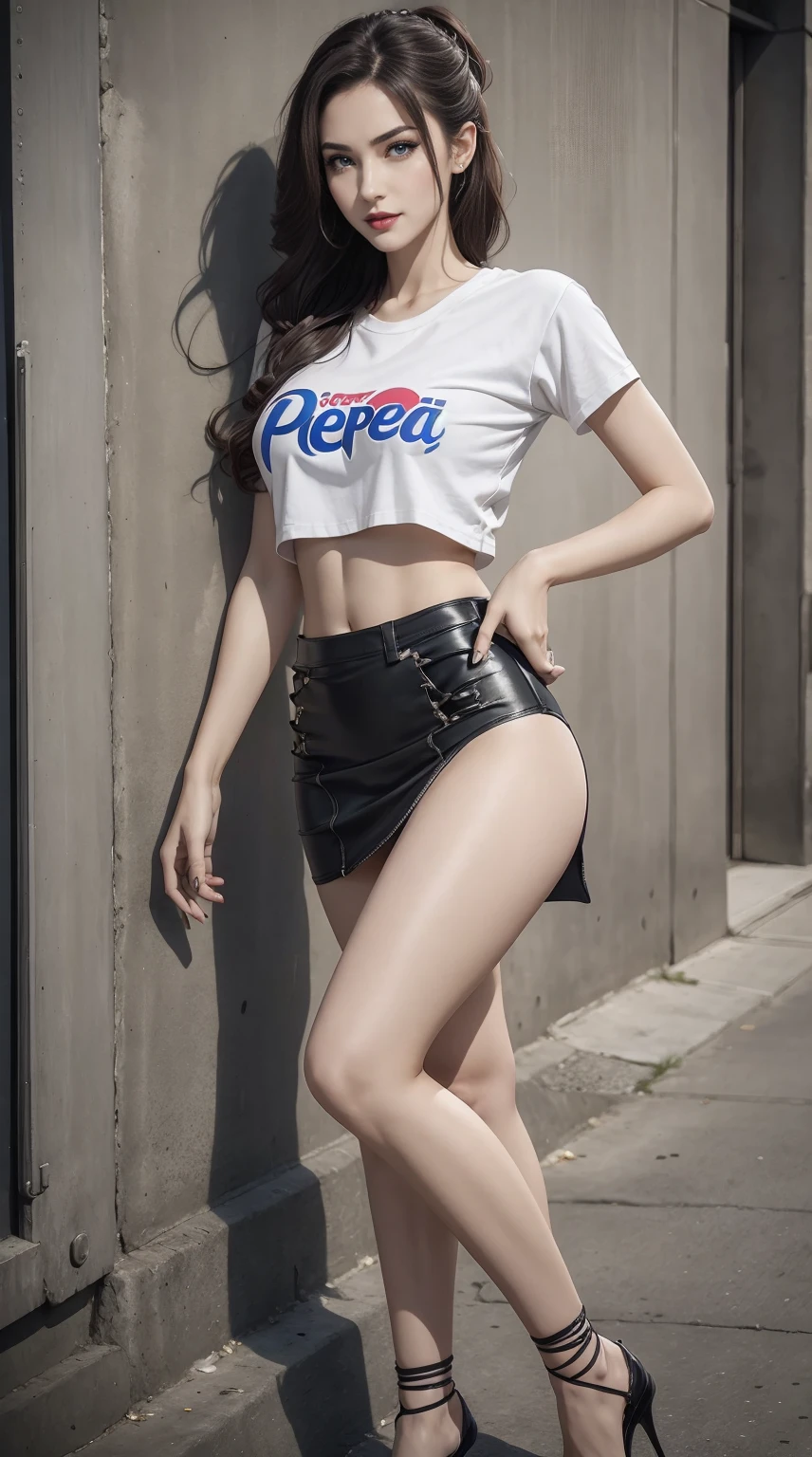 24-year-old woman、Hair color is brunette、Eye color is blue、Longhaire、wearing eye shadow and lipstick、A slender、a smile、Beautiful breasts、I'm wearing a small T-shirt with a Pepsi Cola-like logo on it.、I can see the lower breasts、My abs are cracked、I can see the navel、She's wearing a tight skirt with a deep slit.、my hair is tied up、I'm wearing lace-up stilettos、Standing on an old concrete wall with Banksy artwork、I can see the lower breasts