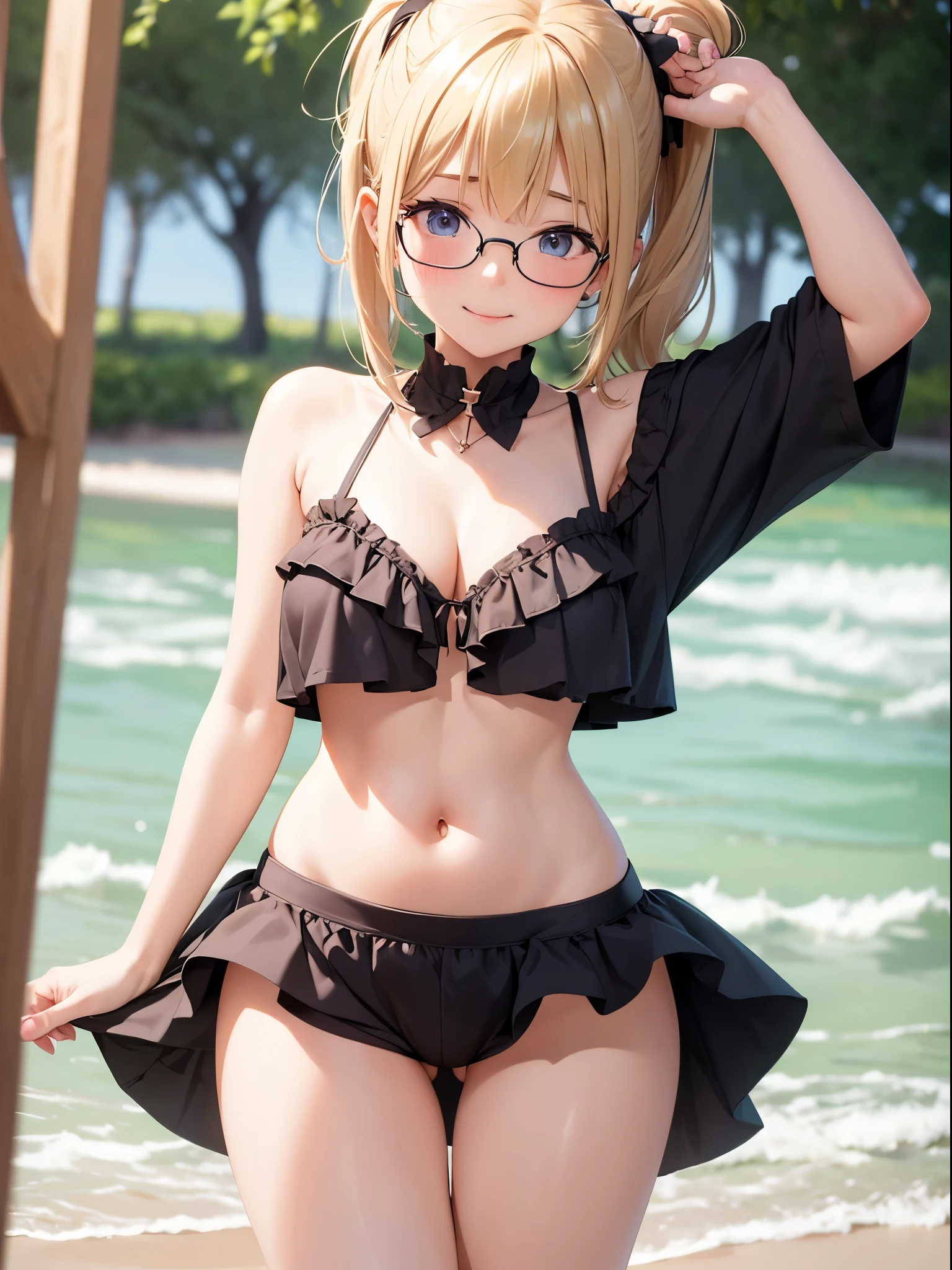 1 girl, in public, embarrassed, bangs, body, 13 year old girl, blonde hair side ponytail, sensual cleavage, sensual mouth, round breasts, ass facing the viewer, back to the screen, smile, tight, micro shorts 1.4, Ultra HD, 4k image, glasses, character close to the camera, tight shorts, shorts showing crotch, low-cut shorts, shorts with open fly, V-shaped panties, visible lower part of the breasts, visible belly, short mini skirt, micro skirt, skirt small and torn, tight skirt