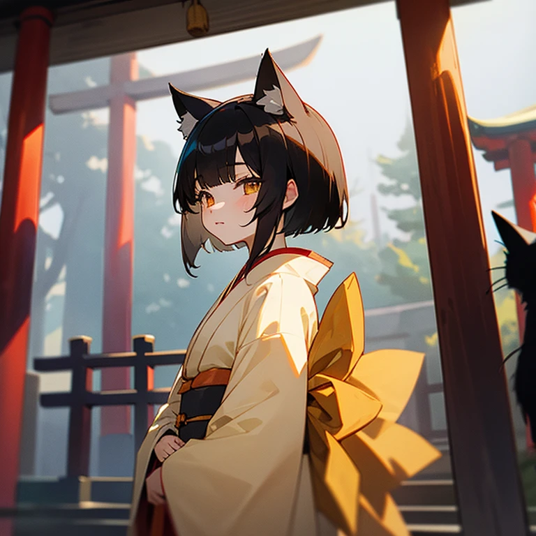 Short-haired with black hair、Golden Eyes、Cat's ears、lad、Wearing kimono、shrine maiden、