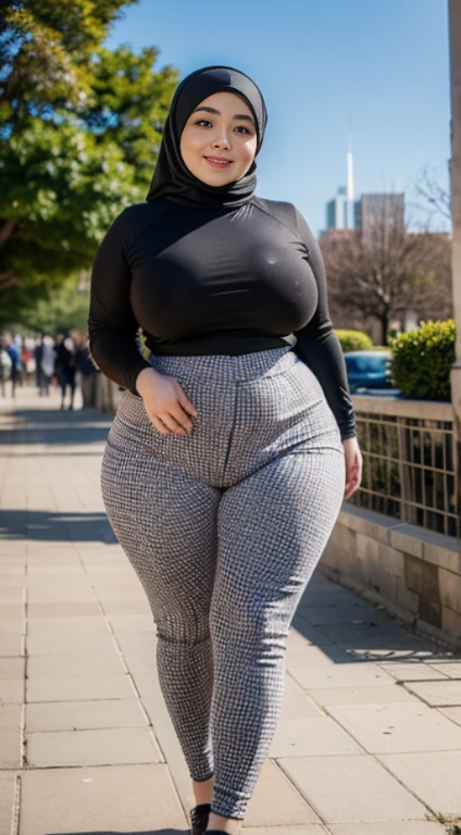 the best masterpiece, chubby hijab woman, beautiful Asian face, full breasts, wearing a checkered shirt, wearing sport leggings, walking in the city park, smiling sweetly, facial details, body details, ultra detailed, realistic quality