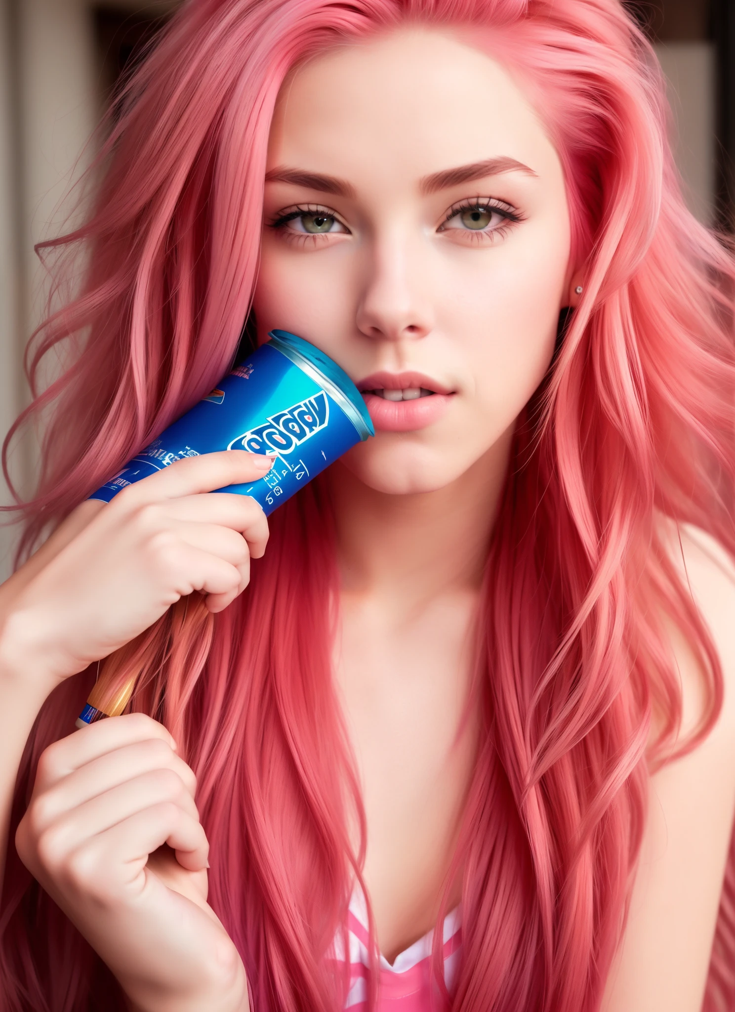 blond hair. streaks of pink hair; locks of red hair. Can of soda in mouth, drinking soda. steals more openly.