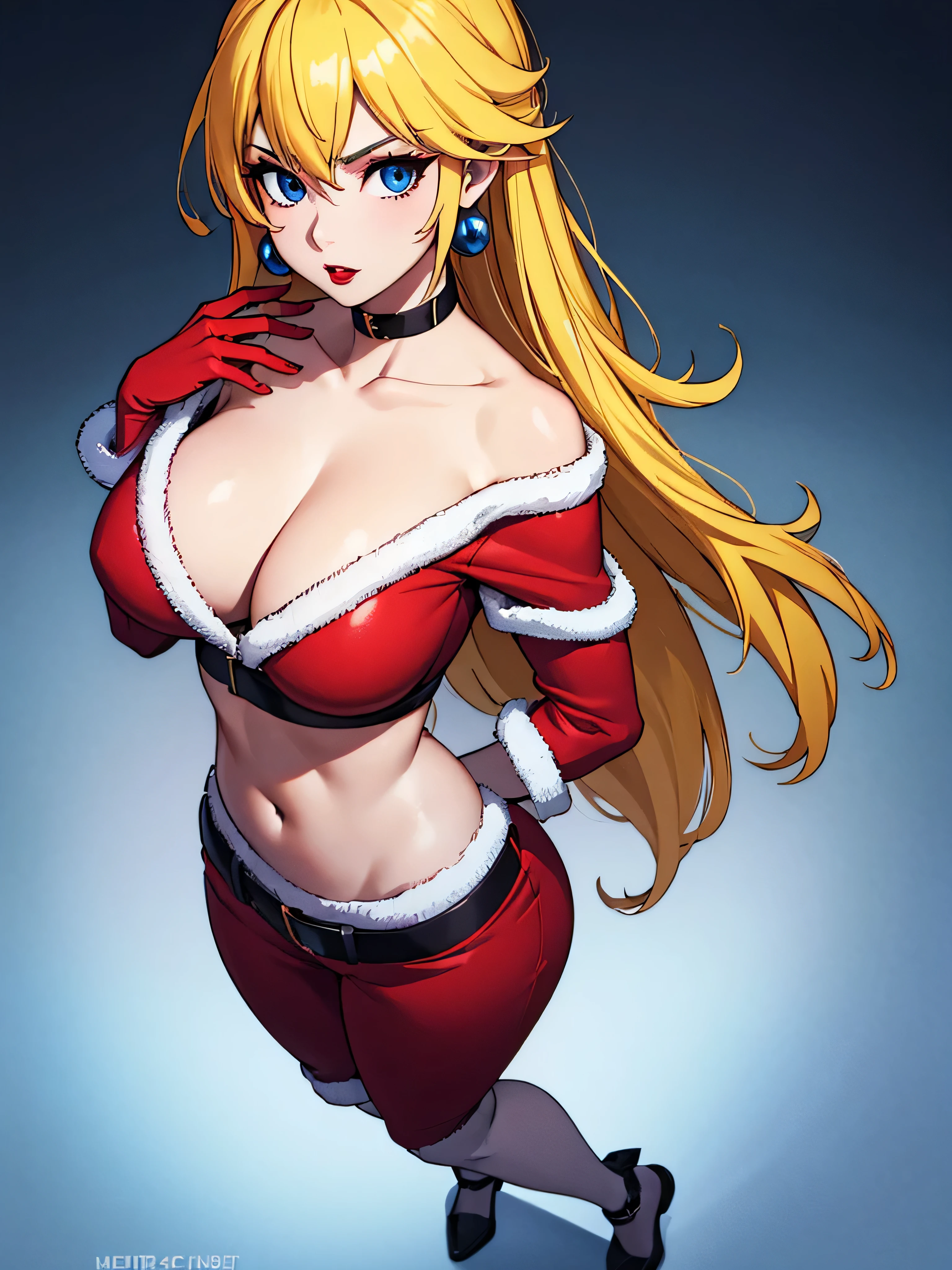 ((high detailed, best quality, 4k, masterpiece, hd:1.3)), ((best quality)), (((HD))), (((8k))), (ultraDH), (ultra HD), Snowy Forest background, snowflake pattern, Princess Peach, blue eyes, BREAK blue eyes, seductive, attractive, smooth anime cg art, 36C breasts, long legs, vivid colors, detailed digital art, slim body, perfect skin, yellow hair, blond hair, BREAK crown, cleavage, 36C cleavage, looking at viewer, BREAK looking at viewer, extremely detailed face, red santa suit, red santa claus suit, santa claus suit, earrings, gem, dark black makeup lips, dark gothic eyeshadows, dark eyeshadows, black eyeshadows, black sexy lips, black lips, (dark:1.2), dark lips, very dark lips, (perfect hands, perfect anatomy), black makeup, black medium lips, detailed fingers, five fingers per hand, 5 fingers, (1 girl), detailed lips, detailed black lips, black painted lips, gothic painted lips, BREAK night, night sky, (from above:1.1), (off shoulder:1.1), (breasts out:1.3),