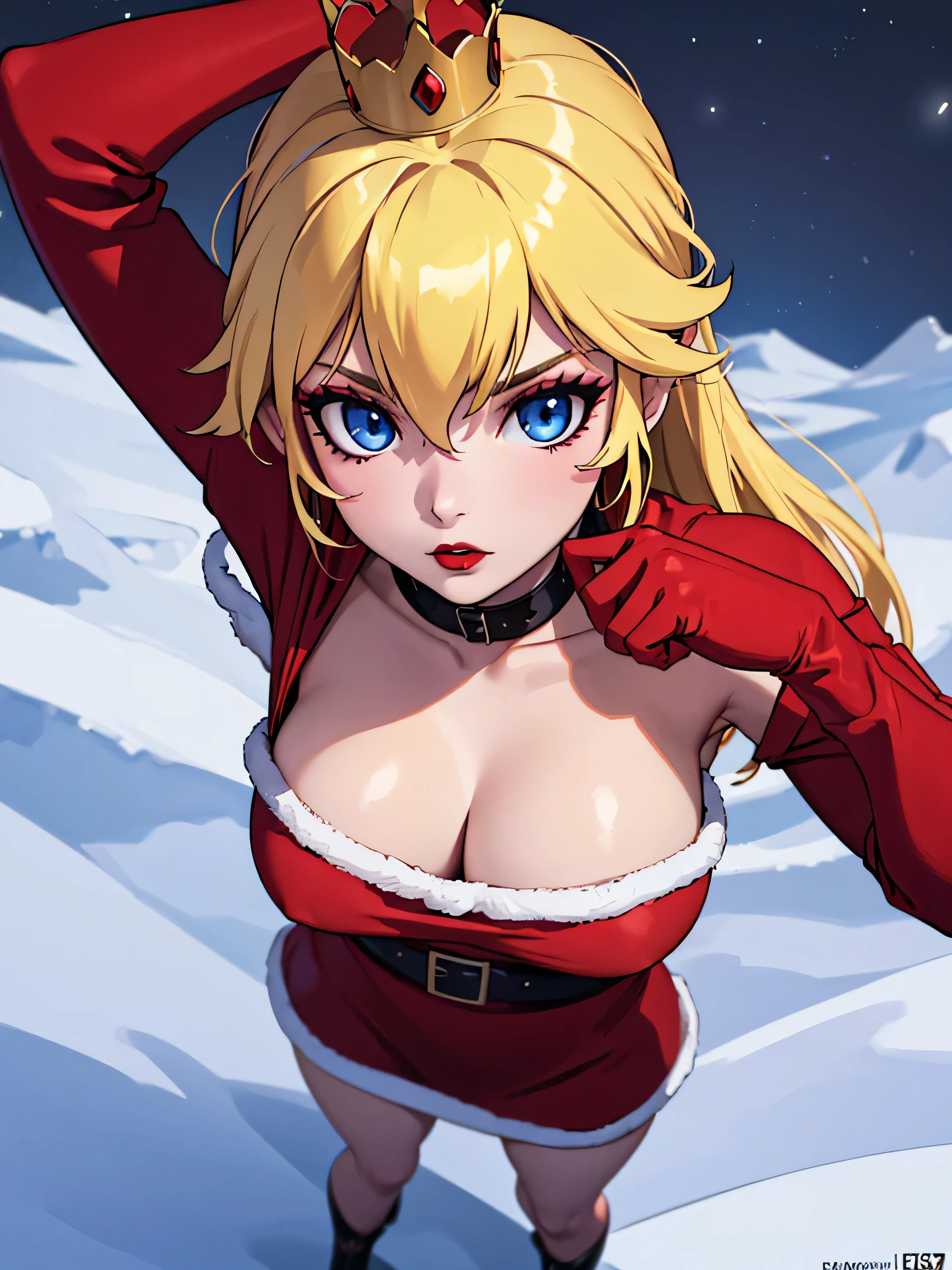 ((high detailed, best quality, 4k, masterpiece, hd:1.3)), ((best quality)), (((HD))), (((8k))), (ultraDH), (ultra HD), Snowy Forest background, snowflake pattern, Princess Peach, blue eyes, BREAK blue eyes, seductive, attractive, smooth anime cg art, 36C breasts, long legs, vivid colors, detailed digital art, slim body, perfect skin, yellow hair, blond hair, BREAK crown, cleavage, 36C cleavage, looking at viewer, BREAK looking at viewer, extremely detailed face, red santa suit, red santa claus suit, santa claus suit, earrings, gem, dark black makeup lips, dark gothic eyeshadows, dark eyeshadows, black eyeshadows, black sexy lips, black lips, (dark:1.2), dark lips, very dark lips, (perfect hands, perfect anatomy), black makeup, black medium lips, detailed fingers, five fingers per hand, 5 fingers, (1 girl), detailed lips, detailed black lips, black painted lips, gothic painted lips, BREAK night, night sky, (from above:1.1), (off shoulder:1.1), (breasts out:1.3),