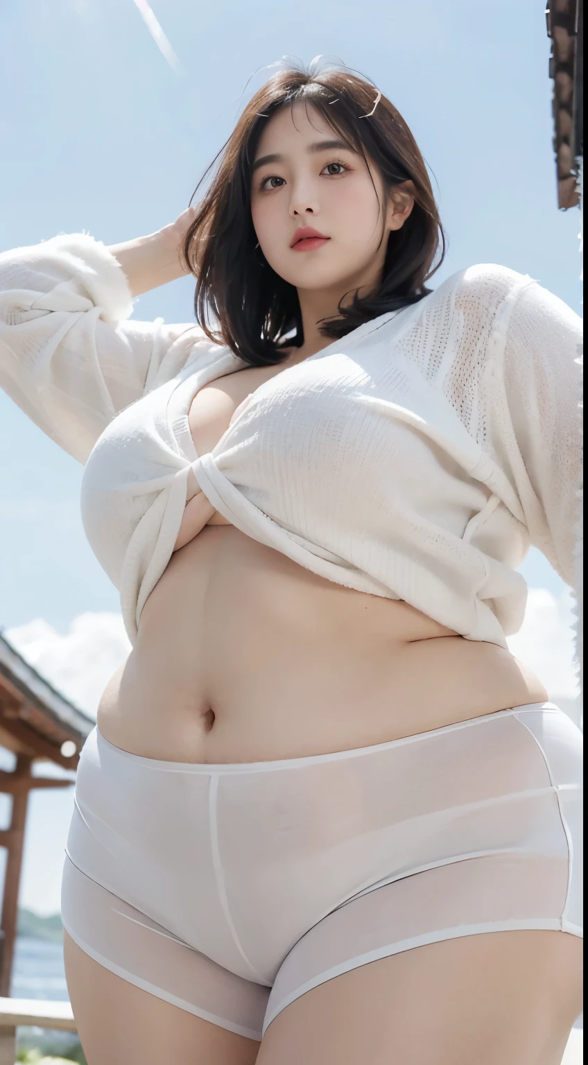 Fat Woman、Japanese face、thick waist、Big belly、Wearing a white sweater、Wearing white panties、chest is covered、stomach is covered、outside the blue sky