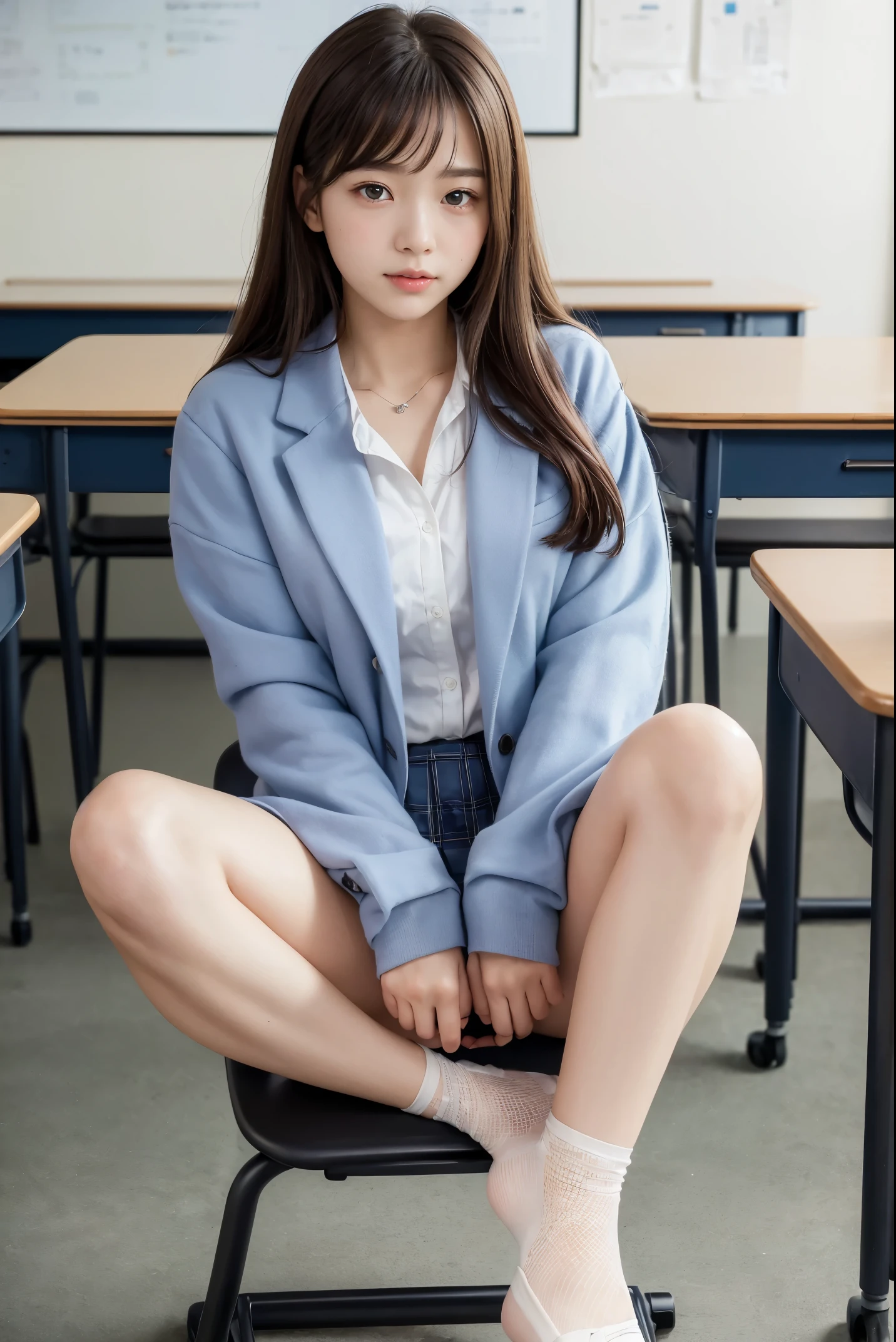 Top Quality、Hight Resolution、extremely highly detailed、masterpiece、Raw-Photo、realisitic、Photorealcitic、very delicate and beautiful.、delicate detail、textured skin、1girll、Solo、soio、18-year-old Japanese girl、Wearing a high school uniform、class room、(Body facing the camera:1.3)、(Sit on a school chair with your legs spread to the sides:1.2)、(Show me your white panties:1.2)、Dark blue jacket and plaid skirt、white shirts、Tie、Black Loafer’s face is really pretty.:1.5)、Tall、Brown hair、(bare legs:1.1)、proporções perfeitas、(Do not expose the upper body)、(In SFW)