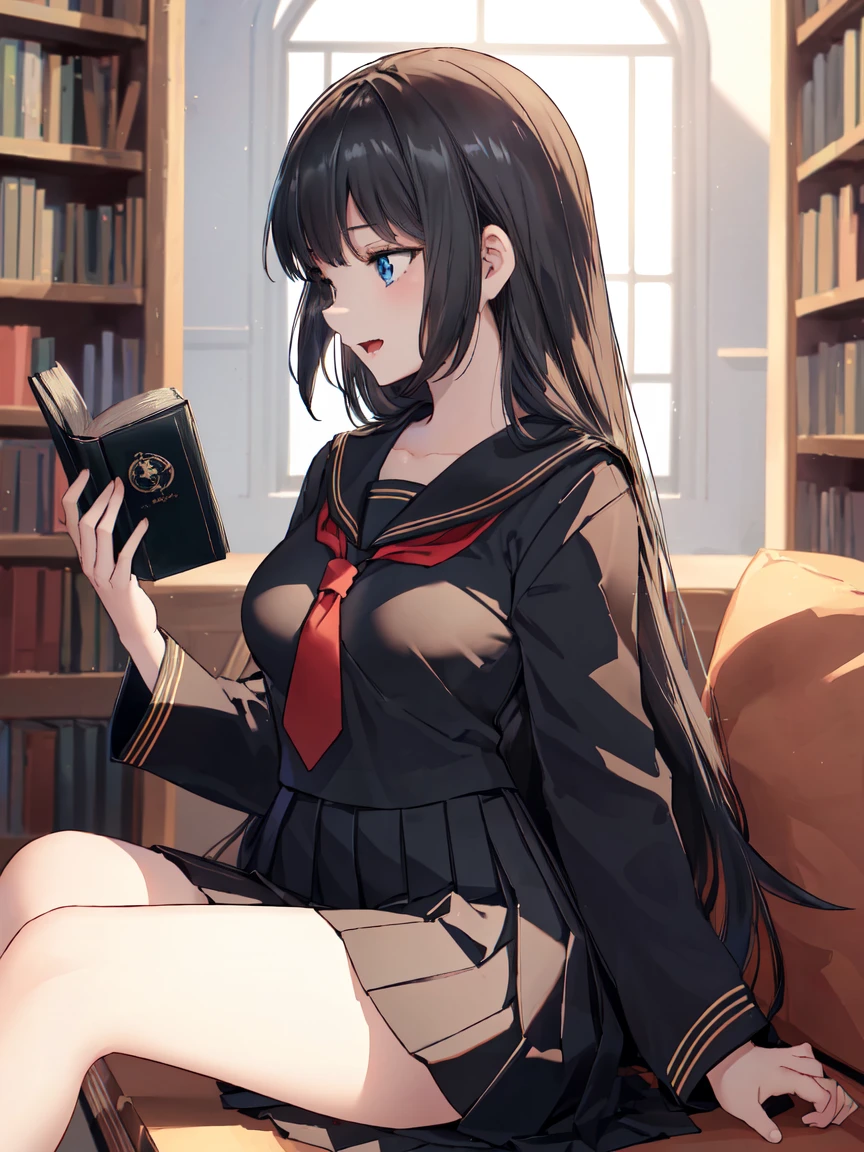 8k, (ultra-detailed:1.3, master piece:1.3, best quality:1.3, high resolution:1.3), 18year old, High school students, 1 person, a girl, beautiful face, large and beautiful breasts, Blue eyes, eyes in highlight, catch light eyes, specular highlight eyes, a smile, (close mouth:1.2), BREAK (long hair, black hair, black sailor suit, Black pleated skirt, Separated uniforms, red ribbon tie, collarbone, shoot from side), BREAK library, (Sitting, laugh a little, holding a book), (staring at a book:1.3), (see a book:1.3), (looking away:1.3)
