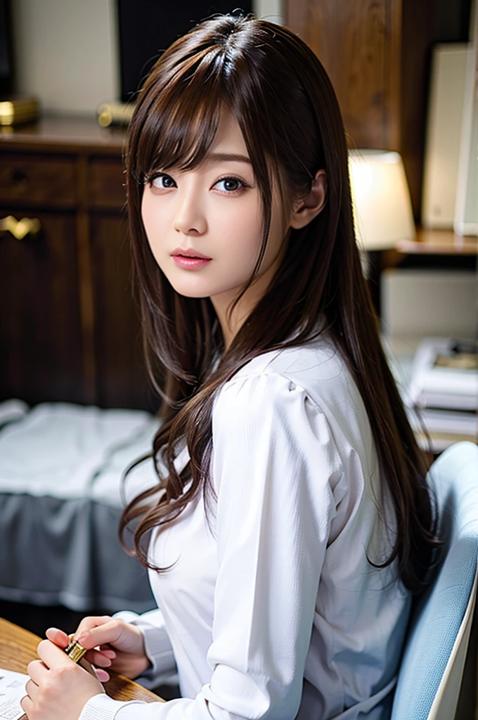 (Best Quality,8K,hight resolution,masutepiece:1.2),Ultra-detailed,(Realistic,Photorealsiticです,Photorealsitic:1.37),30-years old、Infirmary、Perfect dynamic composition,Beautiful detailed eyes,Beautiful detailed lips,extra detailed face,Stunning suit,disheveled suit,White shirt,Sexy shot looking at camera,Career Woman