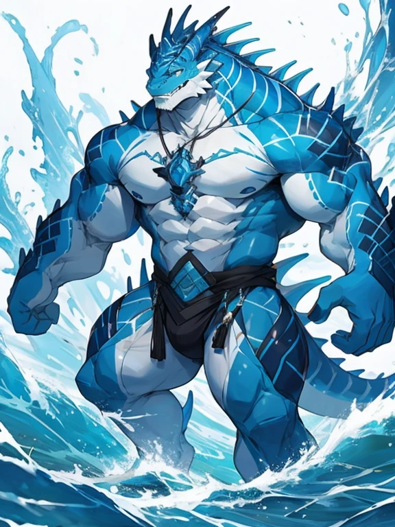 male people,drak,blue skin color,White belly,Facial smile,Sea background,hairy pubic,Muscle tissue,Japanese style costume